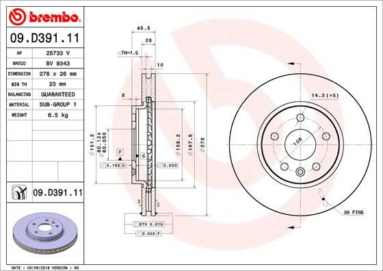 Brake Disc, BREMBO 09.D391.11
