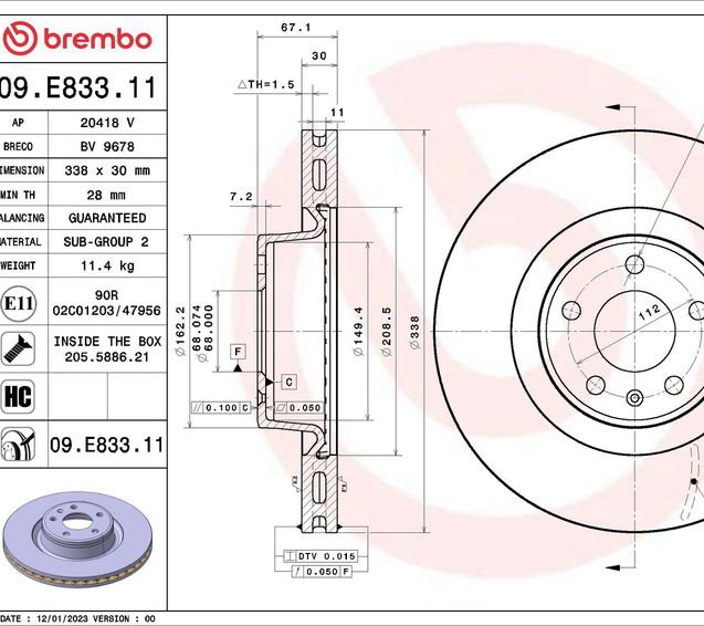 Brake Disc, BREMBO 09.E833.11